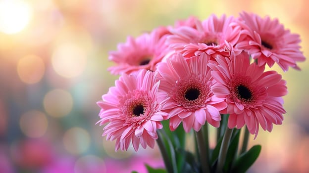 A vase filled with pink flowers sits on top of a table, adding a touch of color and beauty to the room. The delicate petals contrast with the green stems, creating a lovely display.