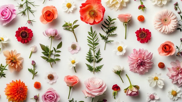 A collection of diverse, bright flowers and greenery is spread out in a decorative pattern, presumably as part of the decor for an International Mothers Day concert celebration. The assortment presents a variety of textures and tones, evoking a festive and appreciative mood to honor mothers worldwide.