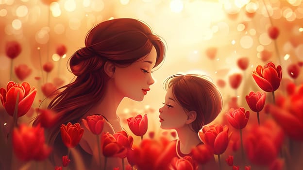 A woman and child are standing amidst a field of colorful flowers. The woman is holding the childs hand, both looking around at the vibrant blooms surrounding them. It is a heartwarming scene of bond and exploration in nature.