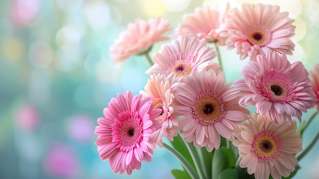 A vase filled with vibrant pink flowers sits on top of a wooden table, creating a colorful and elegant centerpiece. The delicate petals and green stems add a touch of beauty to the room.