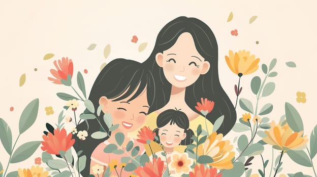 A mother stands with her two children in a field filled with colorful flowers. The mother is holding the hands of her children, who are smiling and looking around at the vibrant blossoms.
