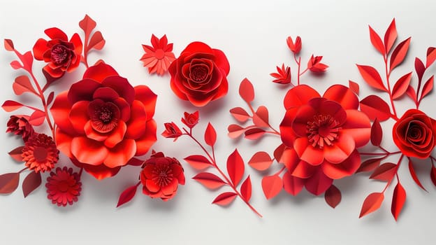 Bright red paper flowers and delicate leaves are arranged on a clean white background. The vibrant colors of the flowers stand out against the simplicity of the setting, creating a striking contrast.
