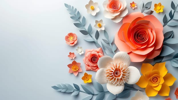 A vibrant bouquet of paper flowers arranged neatly on a smooth blue background. Each flower is intricately designed with colorful petals and delicate stems, creating a cheerful and whimsical display.