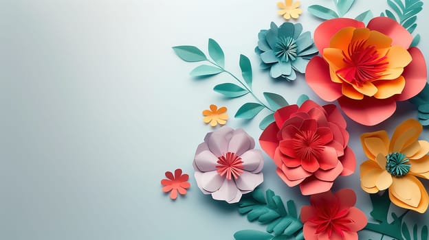 A collection of paper flowers in various colors and shapes arranged neatly on a blue background. The flowers create a vibrant and colorful display against the calm blue backdrop.