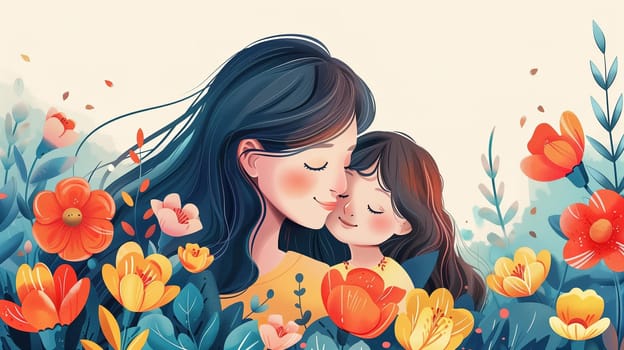 A painting depicting a mother tenderly holding her daughter in a vibrant field of colorful flowers. The mother gazes lovingly at her child, who looks up at her with a smile.