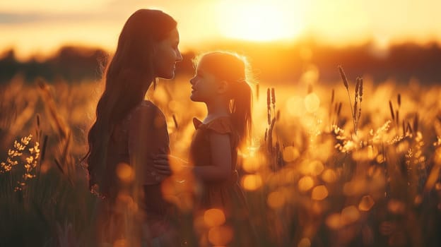 A mother and her daughter are standing together in a field, illuminated by the warm glow of the setting sun. They are looking out towards the horizon, enjoying a special moment together on International Mothers Day.