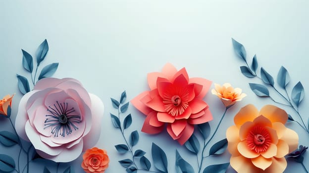 Three intricately crafted paper flowers in white, pink, and yellow hues, accompanied by delicate green leaves, are displayed against a vibrant blue backdrop.