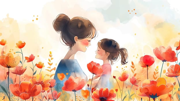 Two young girls are standing in a vibrant field filled with colorful flowers. They are admiring the blooming flora around them, creating a joyful and lively scene.