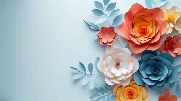 A cluster of paper flowers meticulously placed on a wall, creating a colorful and artistic display. Each flower is unique in design and adds a vibrant touch to the room.