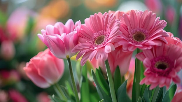 A bunch of pink flowers displayed in a clear glass vase, brightening up the room with their vibrant color and delicate petals. The vase is sitting on a table, bringing a touch of beauty and freshness indoors.