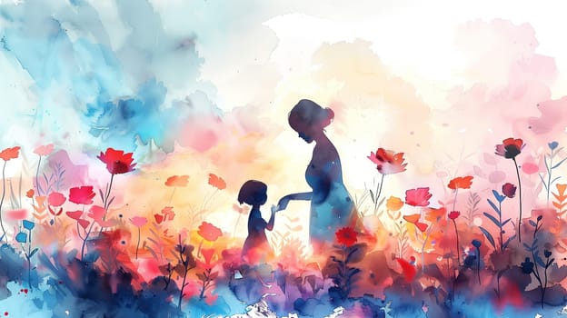 A painting depicting a mother and child standing in a field of colorful flowers, with the sun shining brightly overhead. The mother is holding the childs hand, both looking peaceful and content in nature.