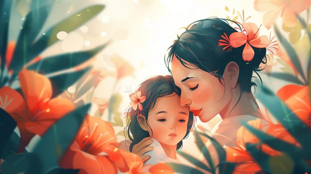 A painting showcasing a mother and daughter in a tender embrace, symbolizing the bond between parent and child. The mothers arms are wrapped around her daughter, conveying a sense of love and protection.