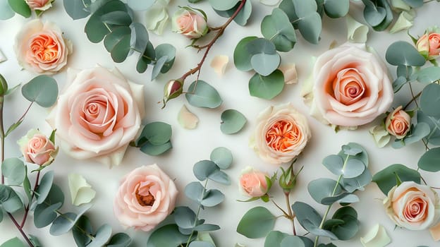 A variety of colorful flowers, including roses, daisies, and tulips, arranged in a bunch on a wooden table. The flowers are neatly arranged with green foliage interspersed.