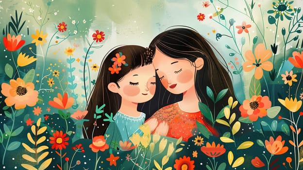 Two young girls are standing in a vibrant field of colorful flowers, enjoying the beauty of nature surrounding them.