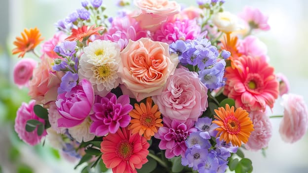 A vase filled to the brim with an abundance of vibrant, multicolored flowers, creating a vivid and lively display. The flowers spill over the edges, showcasing a variety of shapes, sizes, and hues.