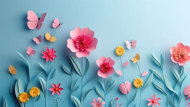 Colorful paper flowers and delicate butterflies are arranged on a vibrant blue background. The flowers are meticulously crafted with intricate details, creating a lively and cheerful scene.