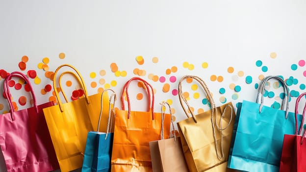 A row of vibrant shopping bags lined up neatly against a plain wall, showcasing a variety of colors and sizes. These bags signify shopping and possibly a sale event like Black Friday.