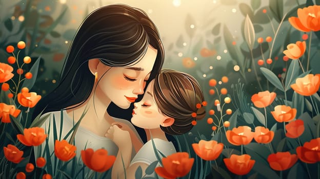 A painting depicting a mother and child spending time together in a vibrant field of colorful flowers. The mother is embracing the child, both surrounded by the beauty of nature.