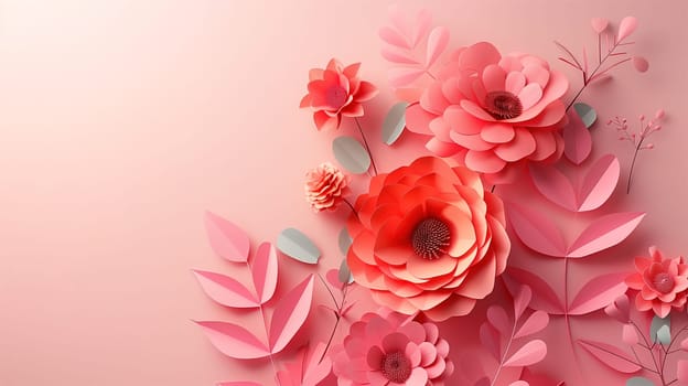 Paper flowers of various colors are arranged neatly on a soft pink background. The vibrant colors of the flowers contrast beautifully with the delicate pink hue, creating an aesthetically pleasing arrangement.