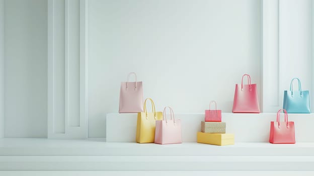 A row of vibrant, colorful bags lined neatly on a white shelf, creating a visually appealing display. The bags are varied in size and design, showcasing a sale or Black Friday concept.