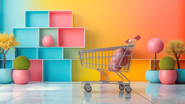 A shopping cart is parked in front of a vibrant and multicolored wall, symbolizing a sale or Black Friday concept. The cart is empty, ready to be filled with discounted items.