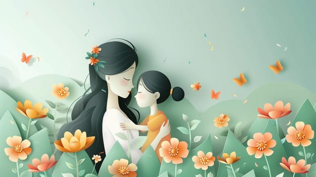 A woman is standing in a field of flowers, holding a child in her arms. The colorful flowers create a vibrant backdrop for the tender moment shared between mother and child.