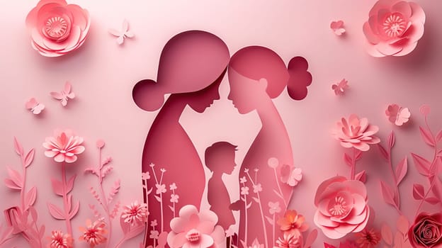 A paper cut depicting a mother and child standing in a field of colorful flowers. The intricate artwork shows the bond between the two figures as they are surrounded by natures beauty.