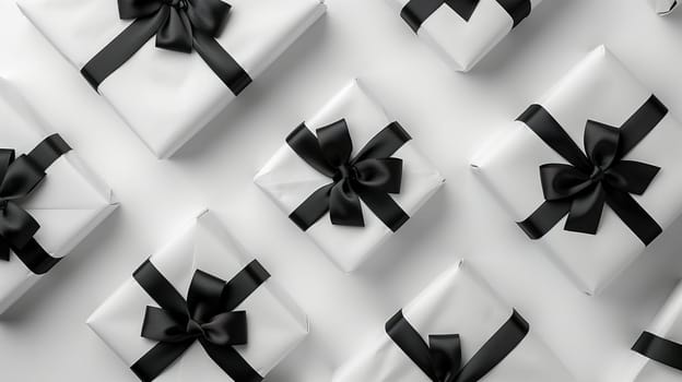 Several white boxes with black bows arranged neatly, indicating a sale concept or Black Friday promotion. The black bows add a touch of elegance to the packaging.