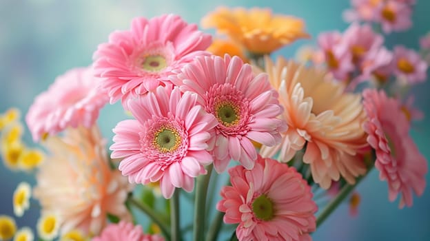 A vase brimming with a vibrant mix of pink and yellow flowers, creating a cheerful and colorful display. The pink and yellow blooms fill the vase, showcasing a variety of shapes and sizes.