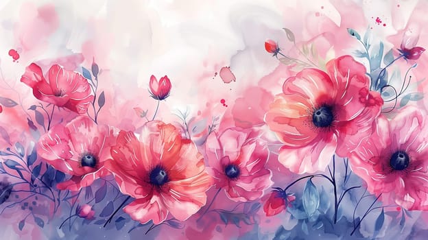 A painting depicting vibrant pink flowers against a clean white background. The flowers are in full bloom, showcasing their delicate petals and green leaves in intricate detail.