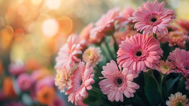 A collection of vibrant pink flowers arranged neatly in a clear vase, showcasing their delicate petals and green stems. The bouquet adds a pop of color to the room, radiating freshness and beauty.