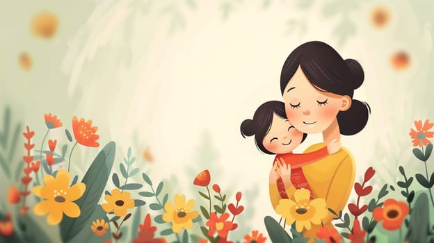 A woman tenderly holds a child in a vibrant field of colorful flowers under a bright sky. They are surrounded by a sea of blossoms, creating a warm and joyful scene.