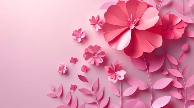 Pink background featuring various paper flowers and leaves arranged in a decorative manner. Bright and colorful elements add a festive and celebratory touch to the scene, suitable for events like International Mothers Day concert.