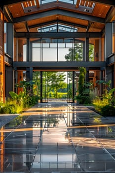 A modern real estate development featuring a large building with a glass facade, numerous windows, and a walkway leading to the entrance