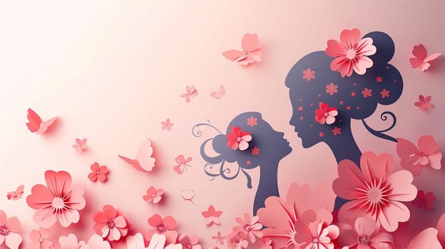 A side view of a woman with pink flowers and butterflies surrounding her. The womans profile is prominently displayed against a background of vibrant pink flowers and delicate butterflies.
