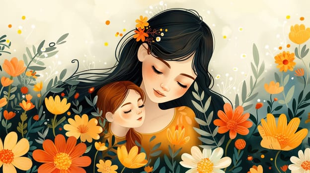 A woman tenderly holds a child in a vibrant field of colorful flowers, surrounded by natures beauty. The mother gazes affectionately at the child, while the little one looks curiously at the blooming flowers around them.
