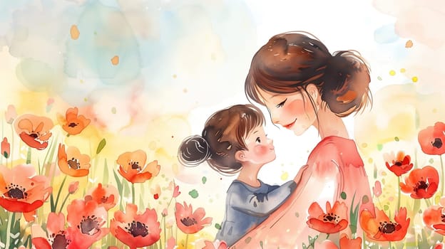 A woman is standing in a field of colorful flowers, holding a child in her arms. The child looks up at her with a smile, while the woman gazes lovingly down at the child.