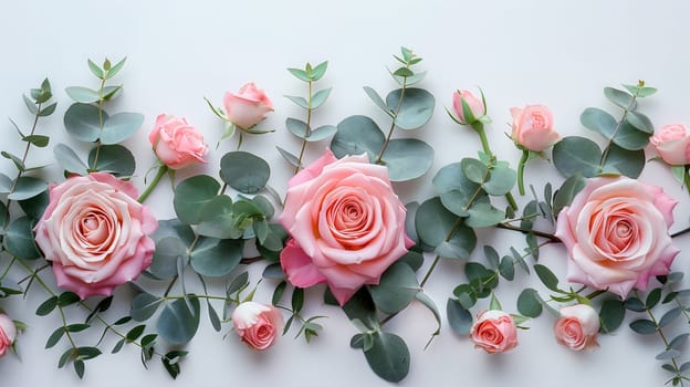 A cluster of pink roses with vibrant green leaves is displayed in a garden setting. The roses bloom beautifully, surrounded by their lush foliage, creating a picturesque scene.