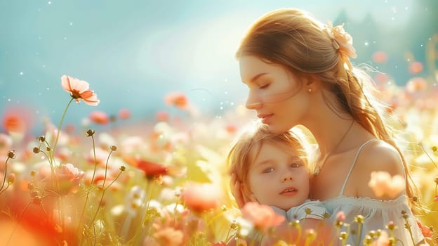A woman is standing in a field of colorful flowers, gently holding a child in her arms. The sun is shining, adding a warm glow to the scene.