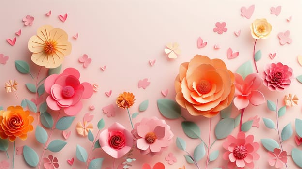 Colorful paper flowers and delicate butterflies are arranged on a soft pink background, creating a whimsical and festive display. The vibrant colors and intricate designs add a festive touch to the International Mothers Day concert.