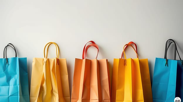 A row of vibrant shopping bags in various colors and sizes hanging neatly against a wall. The bags are displayed in a sale or Black Friday concept, ready to be filled with purchases.