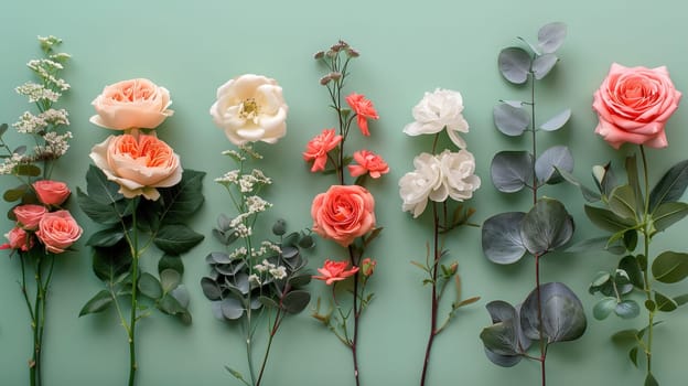 A collection of vibrant flowers arranged on a wall, creating a colorful and decorative display. The flowers vary in size, shape, and color, adding a lively touch to the surroundings.