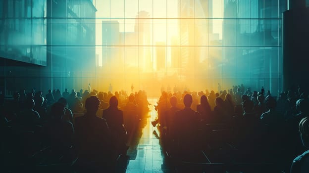 A multitude of silhouetted individuals are shown walking through the spacious interior of a contemporary glass structure, with the warm glow of the rising sun casting elongated shadows and imbuing the scene with an ethereal quality suggestive of morning activity in a bustling corporate setting.