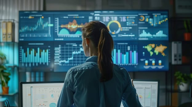 A woman is intently analyzing complex financial data displayed across multiple computer monitors in a corporate office environment. Her focus is indicative of a professional conducting detailed market research or making strategic business decisions.