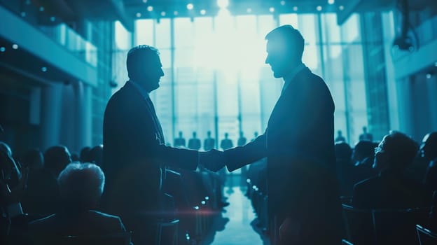 Two silhouetted figures are engaged in a handshake, standing out against a brightly lit backdrop in a room that suggests a corporate environment. A group of seated individuals, presumably other professionals or attendees, is visible in the foreground, suggesting a networking event or business seminar might be taking place.