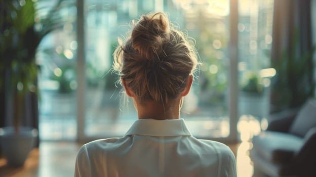 A woman is standing in front of a large window, looking out at the view outside. She is dressed professionally, suggesting a business environment. The window allows ample natural light to flood into the room.