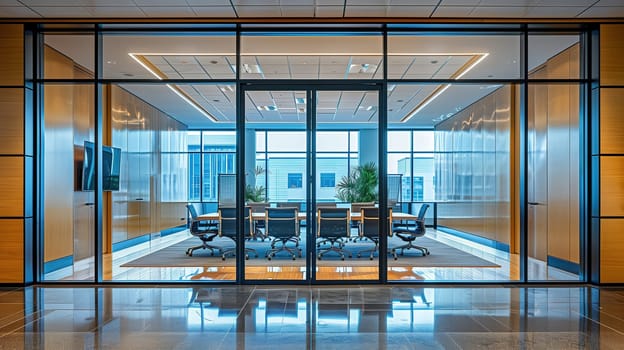 A conference room filled with modern, minimalist glass walls and sleek chairs. The space is designed for meetings and discussions in a professional business setting.