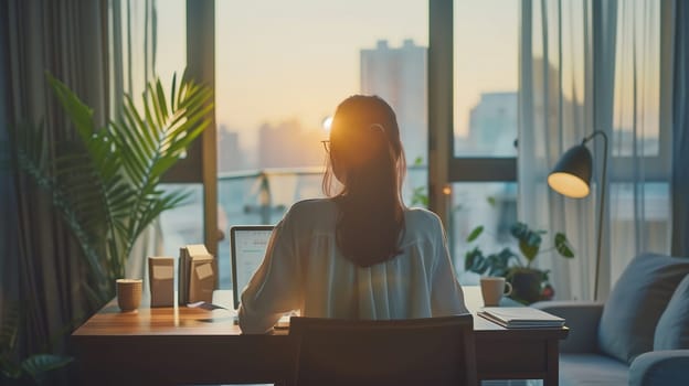 A woman is seated at a table positioned in front of a window. She appears focused, possibly working or engaging in a business-related activity.