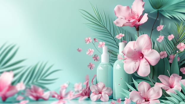 A plastic bottle of lotion is positioned beside a colorful bunch of flowers, creating a simple and elegant composition. The lotion contrasts with the vibrant flowers, adding a practical touch to the floral display.