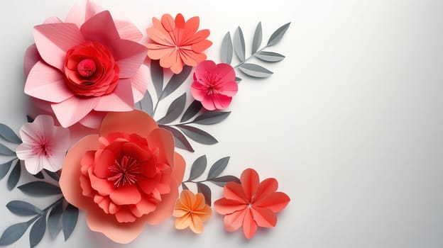 Handcrafted paper flowers of various colors are meticulously arranged in a neat display on a clean white surface. Each flower is uniquely shaped and placed to create a visually appealing composition.